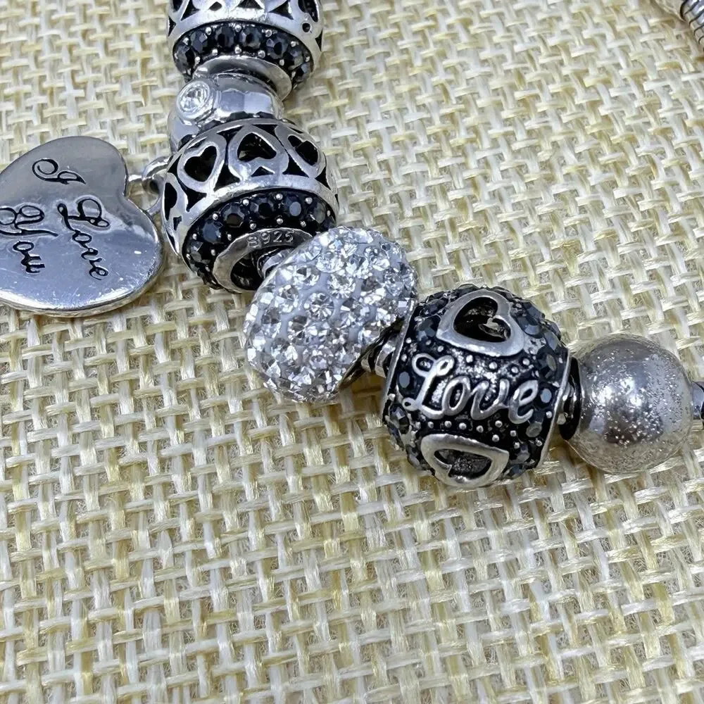 Sterling Silver Fiora Italy Love Charm Bracelet Black White Rhinestone 7 inch